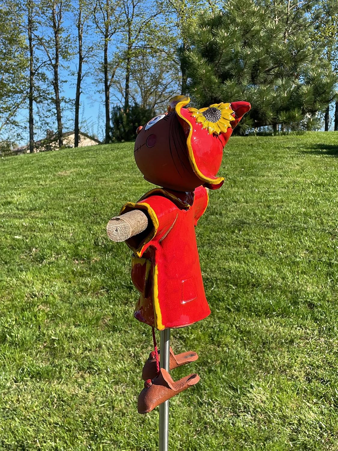 Ceramic Garden Decor - Scarecrow Lawn stake, red - Outdoor statue - Perfect, unique gifts for gardeners woman, men, yard gifts - Handmade, Frostproof