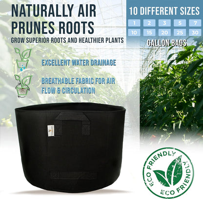 Grow Bags: 5-Pack (Size: 25 Gallon): 300gsm Black Felt Fabric, Biodegradable and eco-Friendly Material. (Handles + Dumping Handles-pat.Pend).
