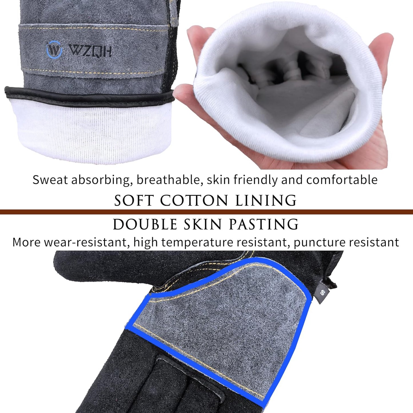 Leather Work Gloves for Men or Women, Large Glove for Gardening, Tig/Mig Welding, Construction, Chainsaw, Farm, Ranch, etc. Cowhide, Cotton Lined, Utility, Firm Grip, Durable. Grey-Black L