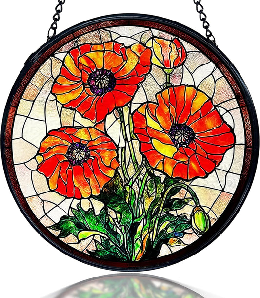 kdqua Poppy Flower Suncatcher Stained Glass Window Hanging, Poppy Flower Gifts Sun Catchers Indoor