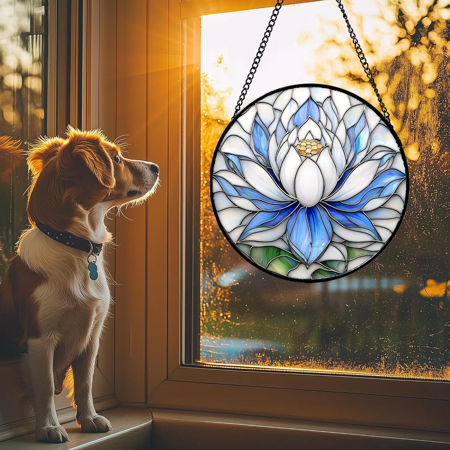 Stained Glass Window Hanging - Blue and White Lotus Petal Suncatcher for Doors Window Home Sun Catchers Decor Christmas Mother's Day July Birthday Gifts for Teacher Women Men Mom Nana 6.3 in