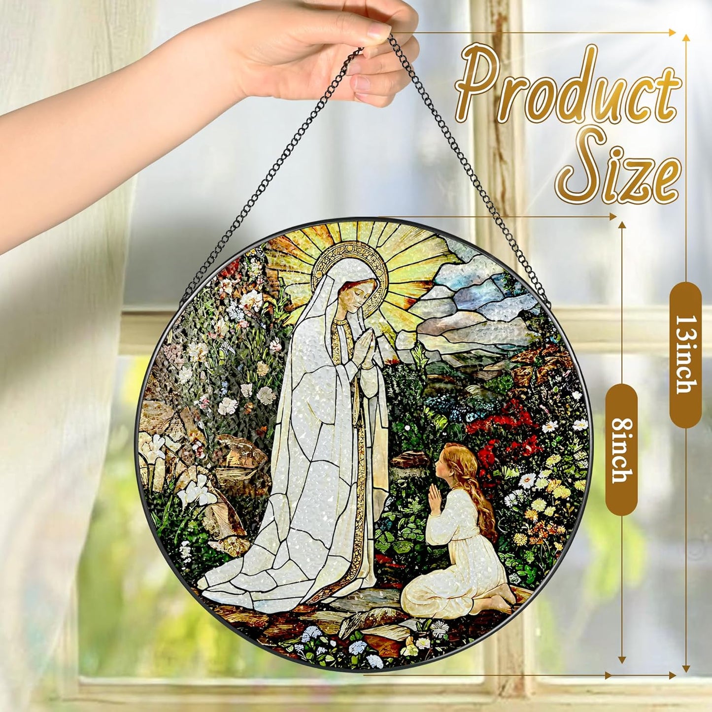8 Inch Lady of Lourdes Stained Glass Suncatcher, Stained Glass Window Hanging, Virgin Mary Religious Window Hanging, Gift for Mothers Day, Catholic Home Decor, Faith Gift for Christian, Religious Gift