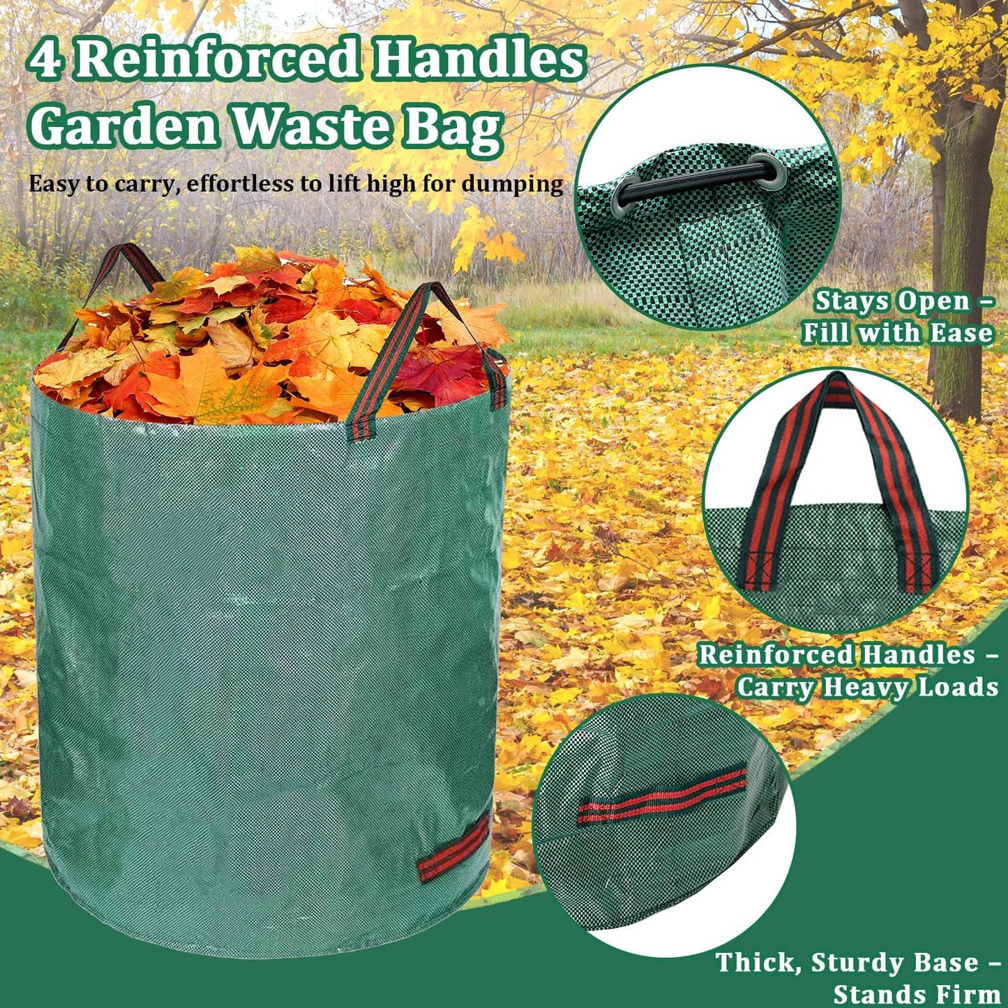 Reusable Yard Waste Bags, 3 Packs 80 Gallons Lawn and Leaf Garden Bags with Reinforced Carry Handles Heavy Duty Garden Waste Bags Camping Yard Recycling Trash Bags for Debris Leaves Grass