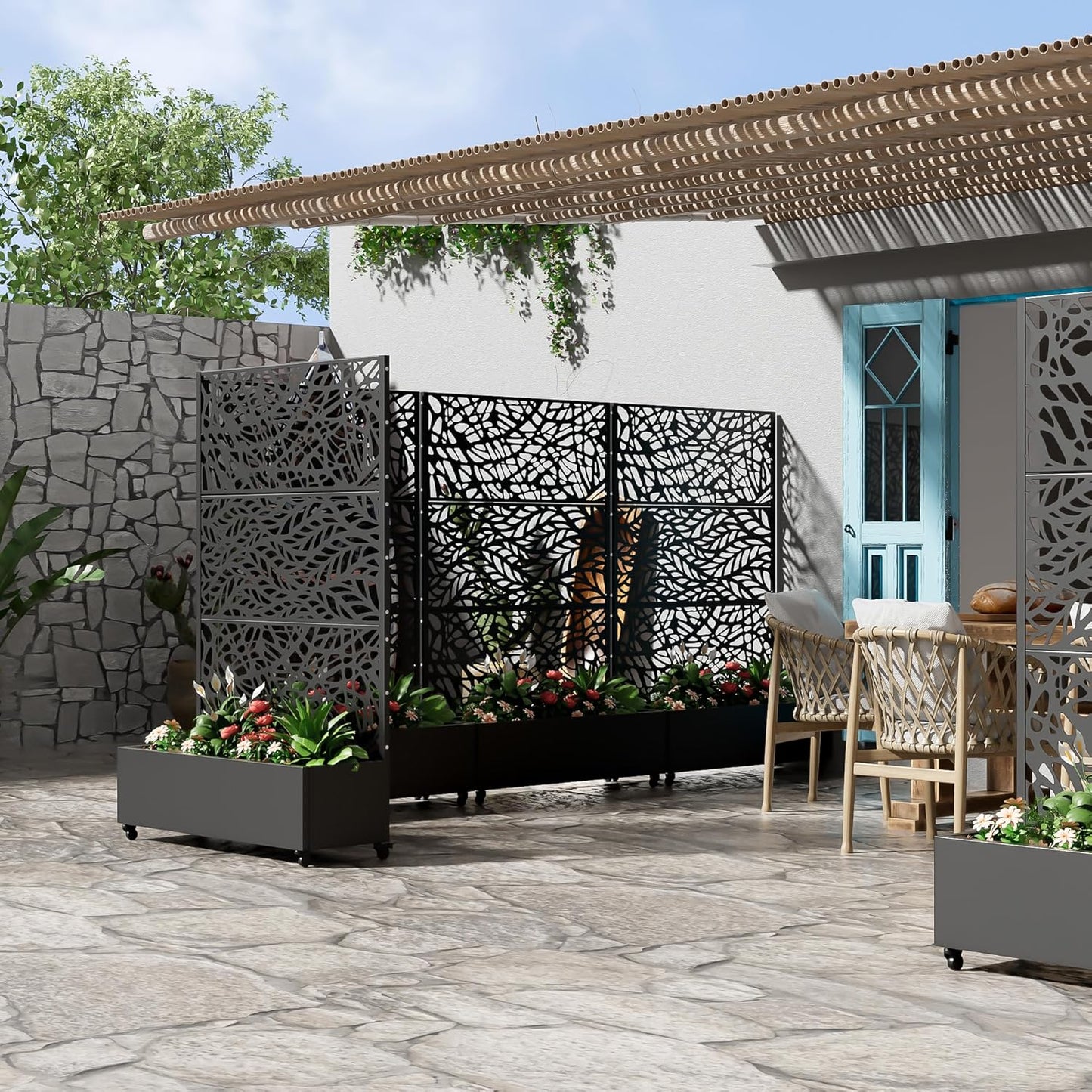 Casaphoria Metal Raised Garden Bed with Trellis and Wheels, 72"x 47"x 16" Planter Box for Climbing Plants, Vegetables & Vines, Features Drainage Holes and Privacy Screen,Black(Black-Spring&Net)