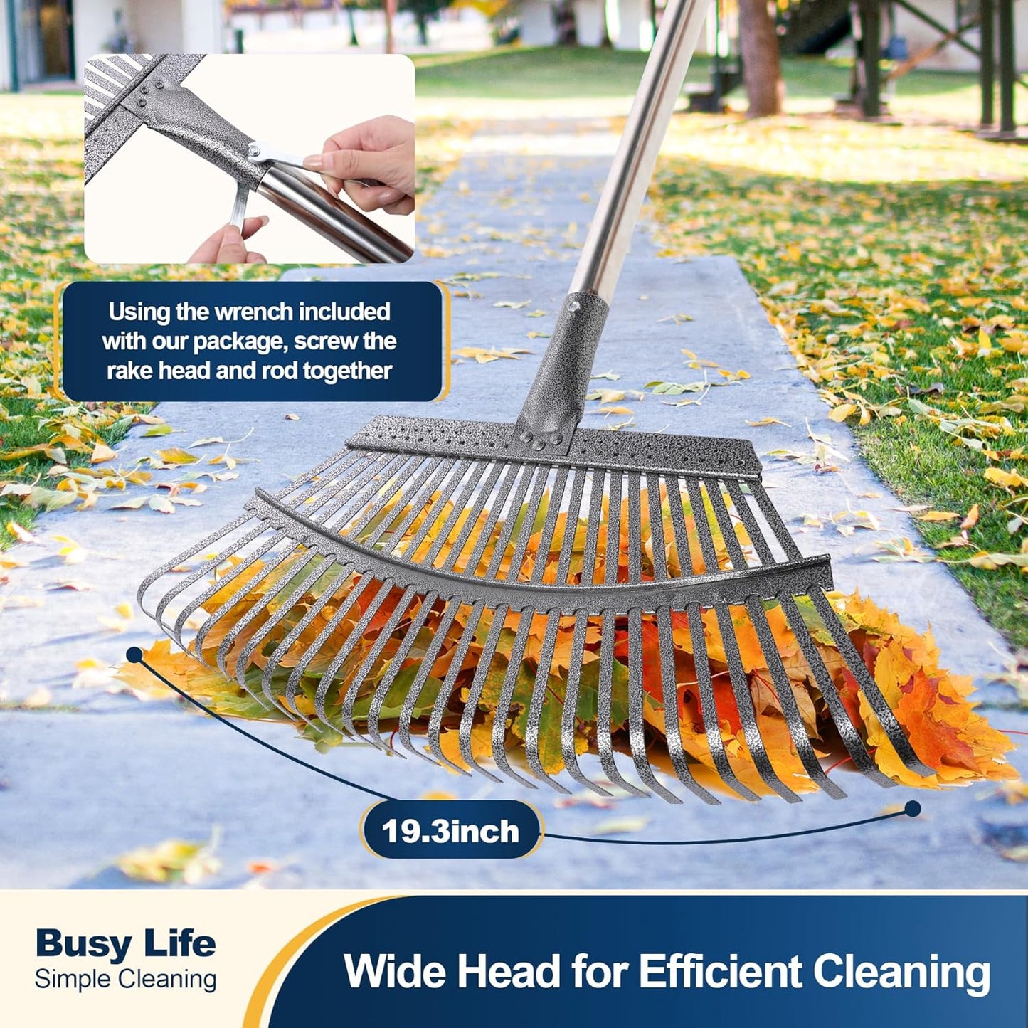 Yocada 19.3" Garden Leaf Rake Wide Heavy Duty Adjustable Long Handle Garden Rake for Yard Garden Lawn Leaves (25 Tines)