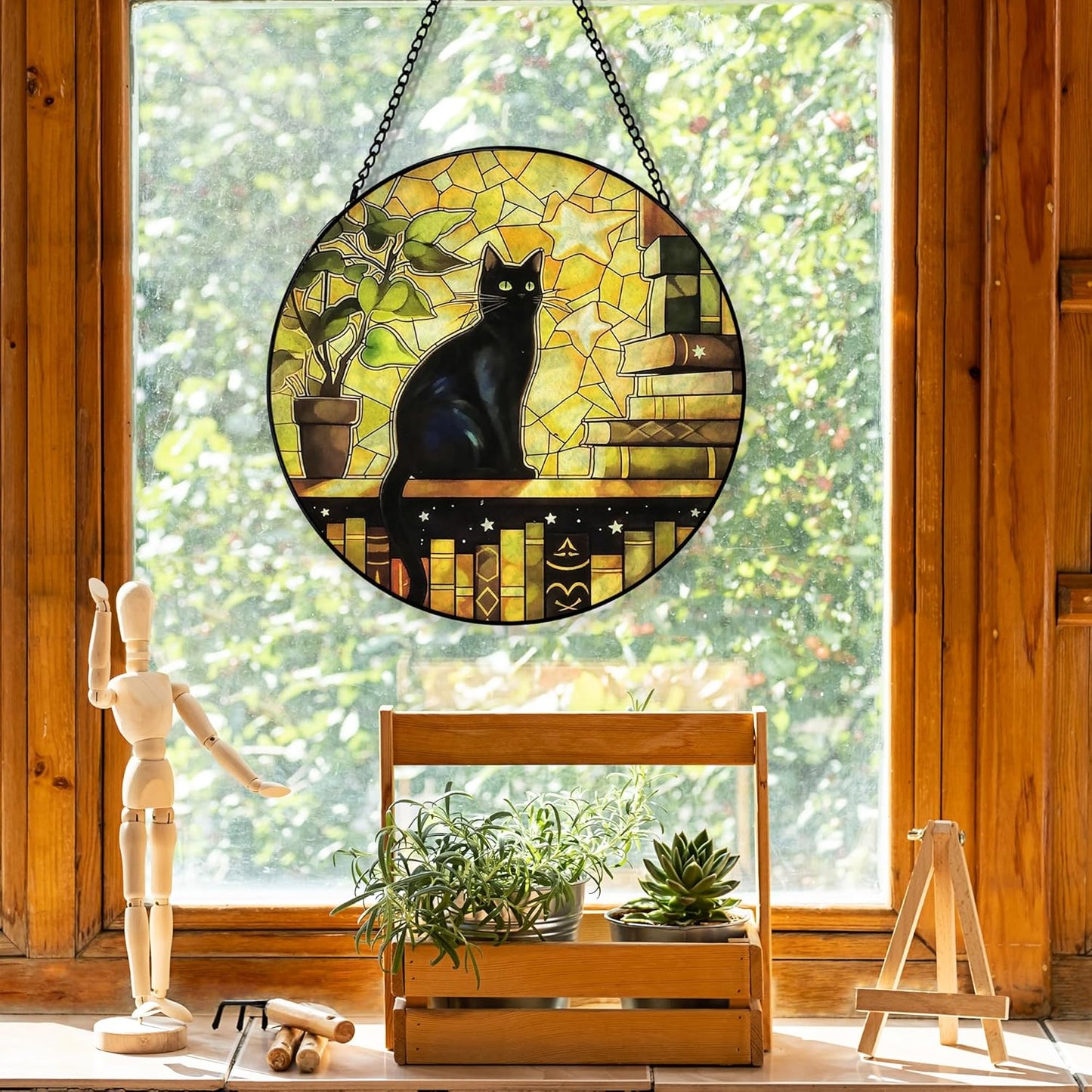 Black Cat Suncatcher Stained Glass Window Hanging, Cat Book Lovers Sun Catchers Indoor Window Glass Round Wall Decor, Book Lovers Gifts Wall Art Hanging Decorations, 7.8＂x7.8＂