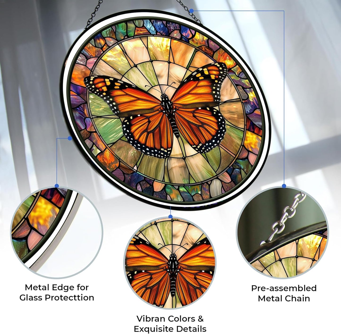 Monarch Butterfly Decor Stained Glass Suncatcher - Window Wall Hanging Ornament Hand-Painted Glass Panel Sun Catcher - Decoration for Home Garden Christmas Party Wedding Housewarming Gift