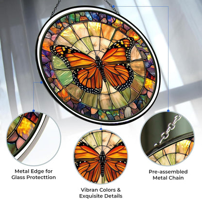 Monarch Butterfly Decor Stained Glass Suncatcher - Window Wall Hanging Ornament Hand-Painted Glass Panel Sun Catcher - Decoration for Home Garden Christmas Party Wedding Housewarming Gift