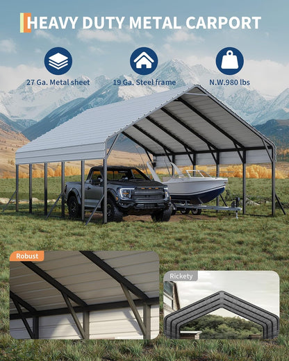 Garveelife 20'x25'x13' Metal Carport for 2 Cars, Heavy Duty Car Ports for Heavy Snow, Reinforced Frame, Tall Metal Car Ports for Bass Boats, Full-Sized Pickup Trucks, and Tractors, N.W. 980 Lbs