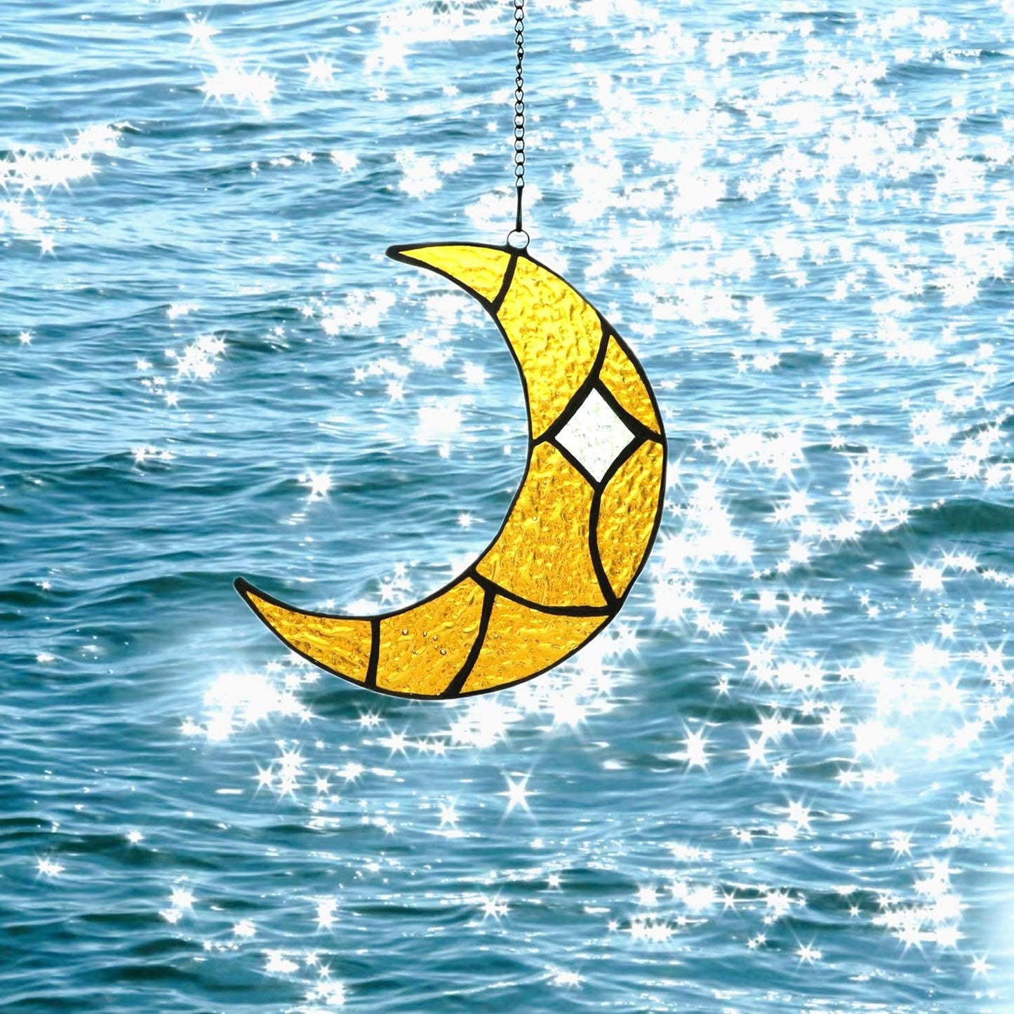 Moon Stained Glass Window Hanging Suncatchers，Handcrafted Art Glass Crescent Moon Decorations Indoor Window Gift for Women, Christmas,Thanksgiving (Yellow)