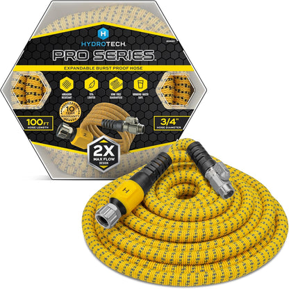 HydroTech 100 ft Expandable Garden Hose - Pro Series, 2x Max Flow, 3/4" No-Kink Flexibility, Lightweight Hose for Lawn, Garden, Car Washing, Deck and Patio Cleaning