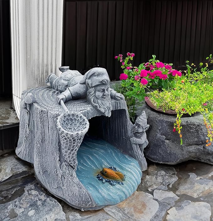 Gnome Fishing 3"x4" Gutter Downspout Splash Block Decor, Garden Outdoor Animal Resin Statue & Sculpture, Gutter Diverter Rain, Decorative Gutter Extension Downspout, Eco-Friendly
