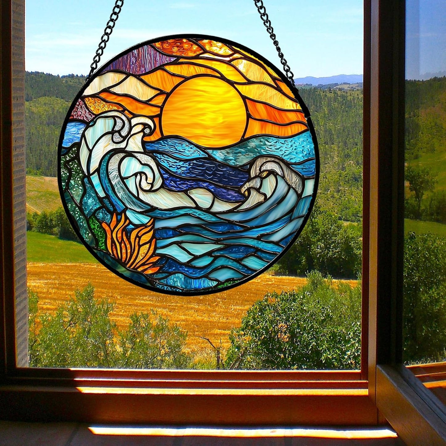 Stained Glass Window Hanging, Orange Sun Blue Sea Waves Landscape Suncatcher for Doors Window Home Sun Catchers Decor Mother's Day Birthday Gifts for Women, Men Mom 7.8 in
