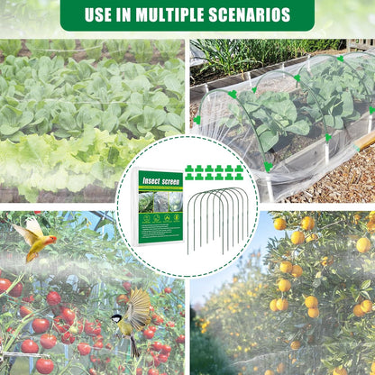 10 X 33 FT Garden Mesh Netting Kit Pest Barrier for Raised Beds, Fruit Tree Netting with 6 Sets Garden Hoops & 12 Clips for Cicadas Bird Insect, Blueberry Bush Netting Cover for Garden Protection