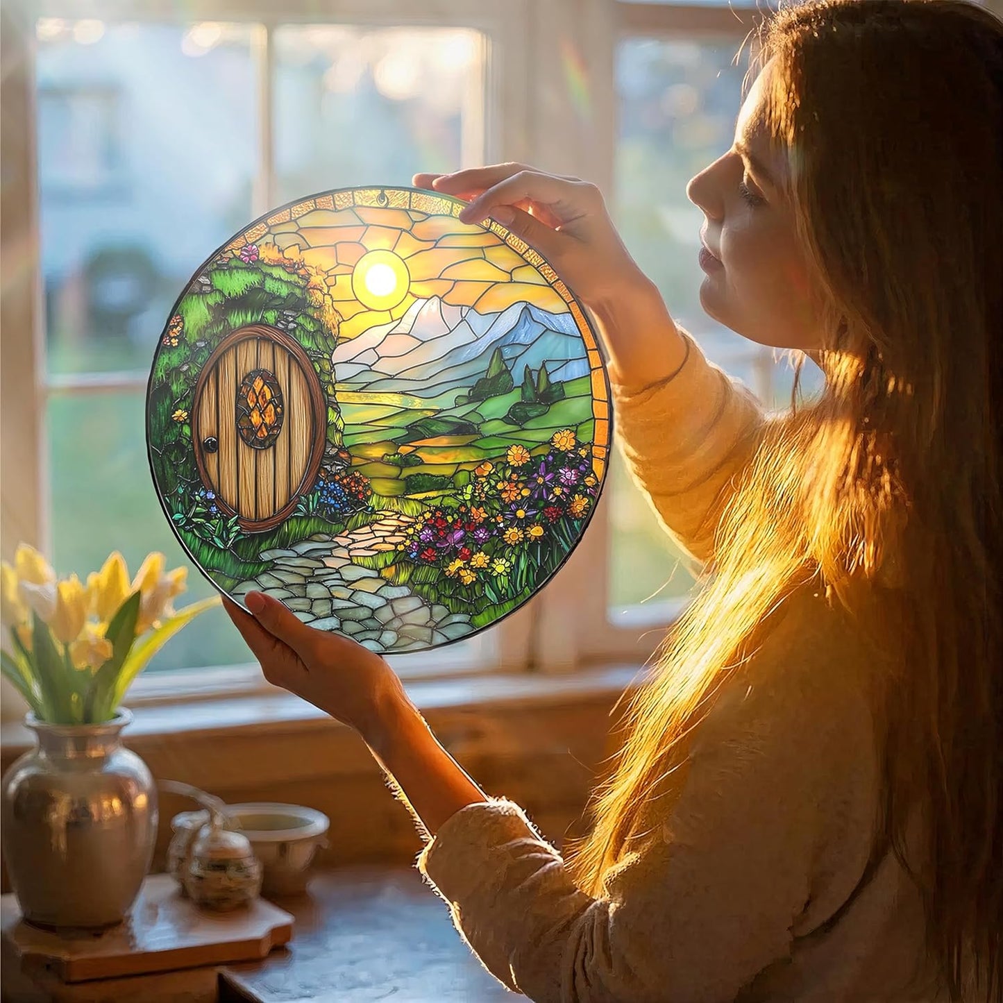 Sunshine Cottage Stained Glass Sun Catcher - Handcrafted 7.87 Inch, Shire Style Art Catcher Decor, Stained Glass Window Hanging, Outdoor Garden Decor Gift, Gift for Friends, Family, Coworkers