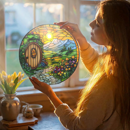 Sunshine Cottage Stained Glass Sun Catcher - Handcrafted 7.87 Inch, Shire Style Art Catcher Decor, Stained Glass Window Hanging, Outdoor Garden Decor Gift, Gift for Friends, Family, Coworkers