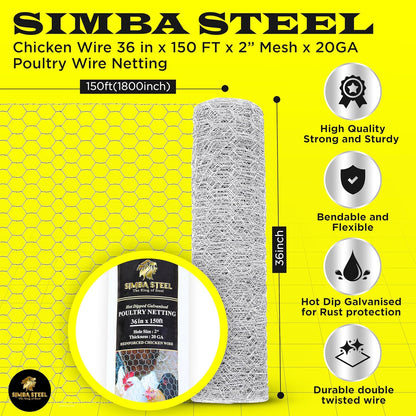 Chicken Wire 36 in x 150 FT x 2” Mesh x 20GA | Poultry Wire Netting | Hot Dipped Galvanised | Hexagonal Galvanized Mesh for Chicken Coop, Rabbit Cage, Fence Barrier PM36x150x2