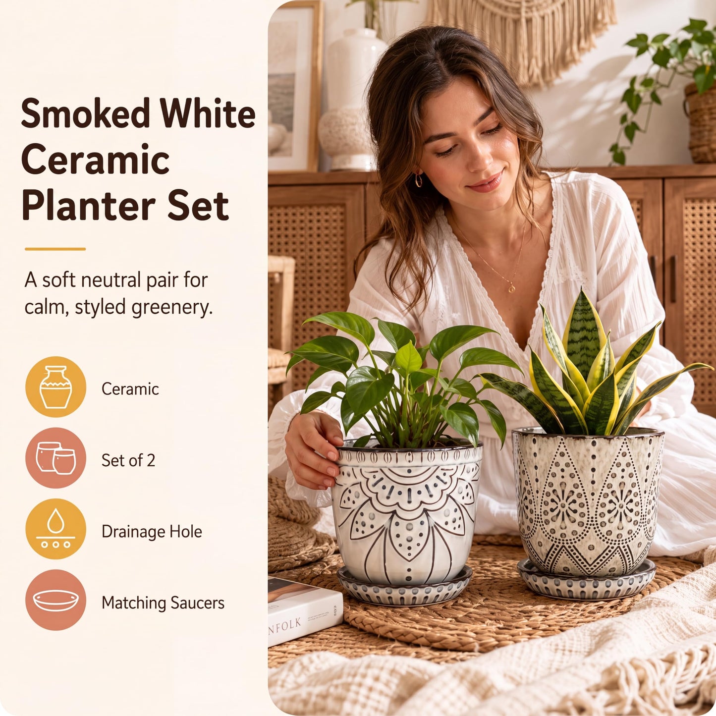 Gepege Ceramic Plant Pots, 6 Inch Indoor Planters with Drainage & Saucers