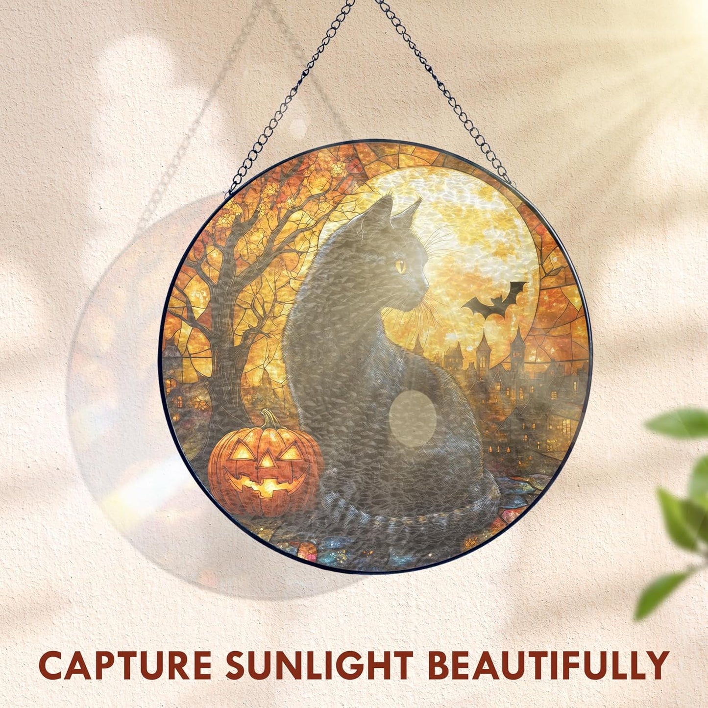 FLAGWIX Halloween Decorations Indoor - Stained Glass Window Hanging 8 in - Black Cat Gifts for Women Men, Witchy Gifts for Cat Lovers, Halloween Sun Catchers Indoor Window, Fall Decorations for Home