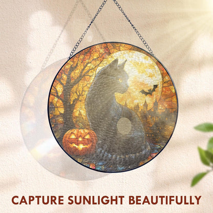 FLAGWIX Halloween Decorations Indoor - Stained Glass Window Hanging 8 in - Black Cat Gifts for Women Men, Witchy Gifts for Cat Lovers, Halloween Sun Catchers Indoor Window, Fall Decorations for Home