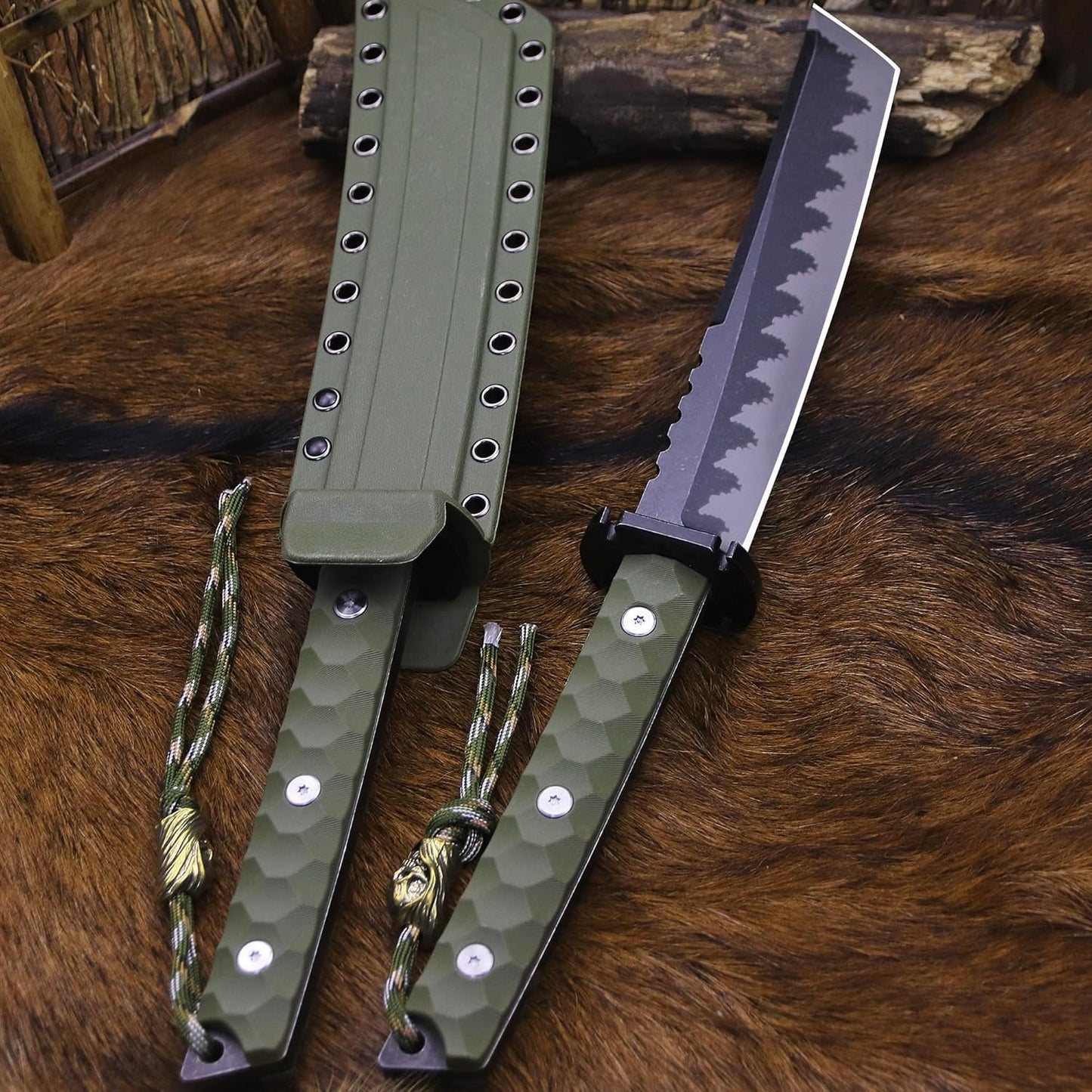BA-KOR 15.8in Full Tang Japanese Style Outdoor Knife –8mm DC53 Steel, Nylon Fiber Handle &Sheath, Hunting Survival Knife+(5.9in) cerium igniter (Green handle and black blade (8mm))