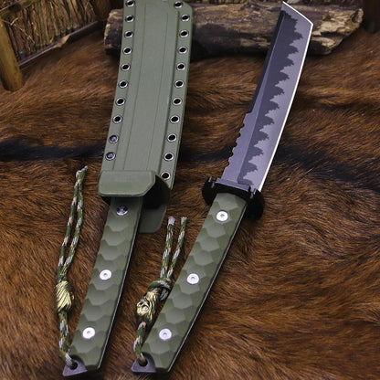 BA-KOR 15.8in Full Tang Japanese Style Outdoor Knife –8mm DC53 Steel, Nylon Fiber Handle &Sheath, Hunting Survival Knife+(5.9in) cerium igniter (Green handle and black blade (8mm))