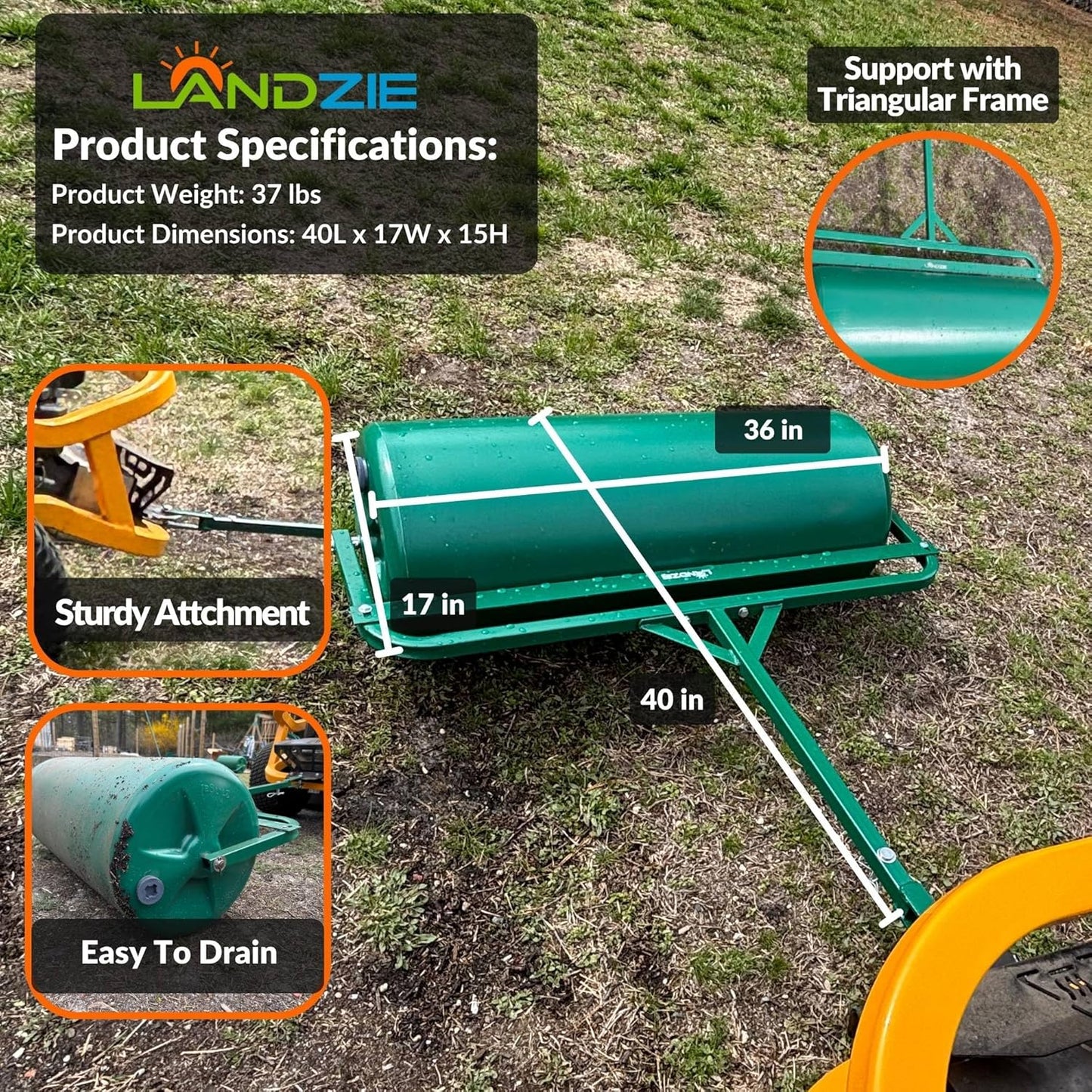 Landzie 36 Inch Poly Lawn Roller – 21.1 Gallon Heavy Duty Sod and Yard Roller for Boosting Seed to Soil Contact - Water Filled Barrel Presses in Grass Seed to Improve Germination - Lawn Flattener