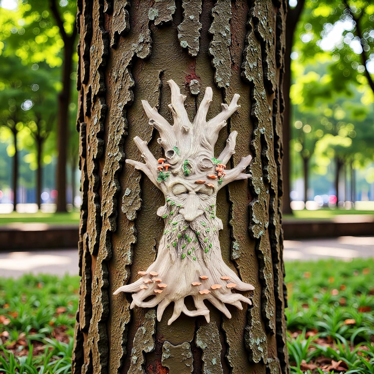 Whimsical Tree Face Garden Decoration ，Tree Faces Decor Outdoor Wallmounted Statue Art with Leaf Features, Outdoor Decor Garden Accessory.(Mushroom)