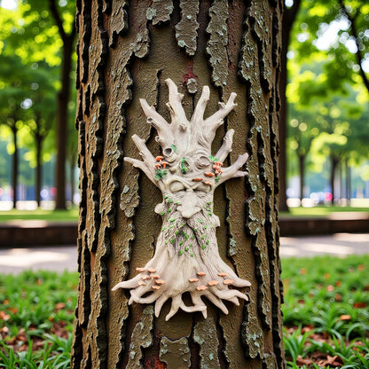 Whimsical Tree Face Garden Decoration ，Tree Faces Decor Outdoor Wallmounted Statue Art with Leaf Features, Outdoor Decor Garden Accessory.(Mushroom)