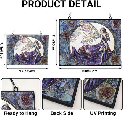 Customized Rectangle Fairy Stained Glass Suncatcher Window Hanging, Gothic Christmas Ornaments for Fiction Lovers, Dinosaur Room Decor for Nursery New Home Gifts
