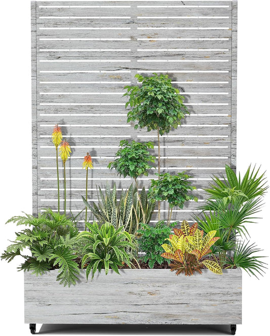 15.7"×70.9"×47.2" Metal Raised Garden Bed with Trellis and Wheels - Tall Trellis Planter Box for Climbing Plants, Vegetables & Vines - Outdoor Privacy Planters for Patio (White Oak Grain)