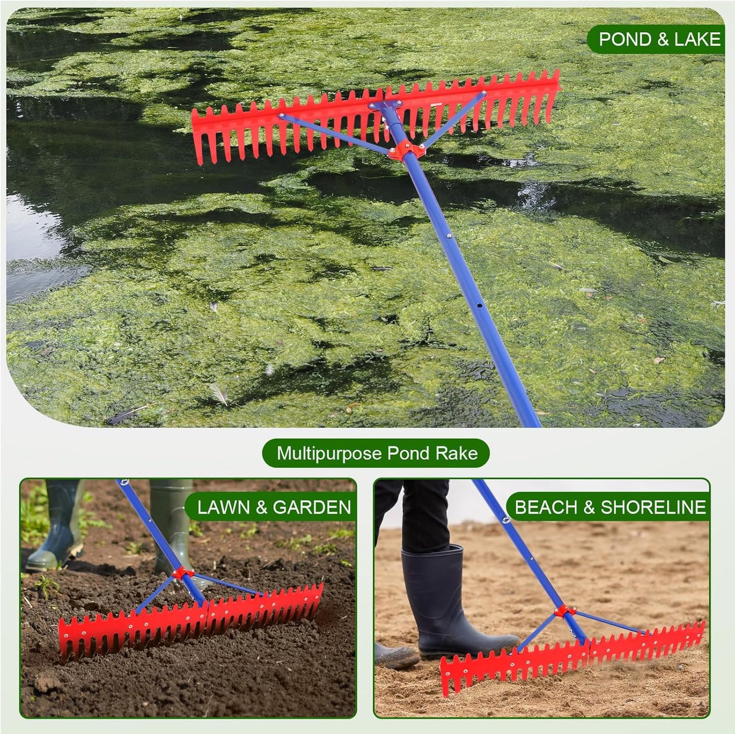 Lake Rake,Pond Weed rake,Heavy Duty Razer Rake,Large Pond Aquatic Rake-39 Wide Head with Alloy Tines , Floating Lake for Removal of Weeds Leaves & Floating Scum ,Shoreline & Beach Landscaping Tool