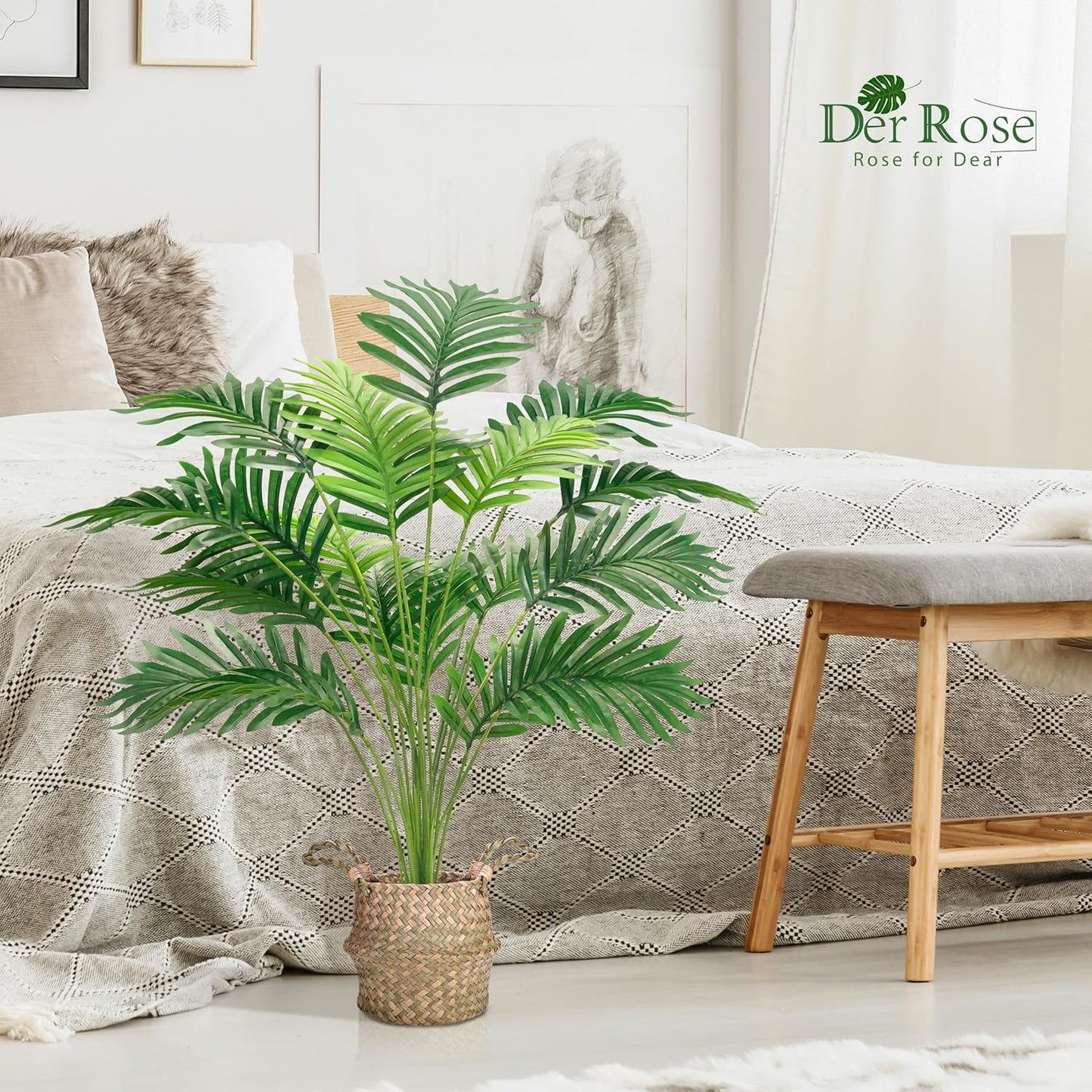 Der Rose 2Pcs Fake Palm Tree 28Inch Large Fake Potted Faux Areca Palm Plant with Hand-Woven Baskets with Handles for Indoor Outdoor Home Office Porch Balcony Bedroom Decor