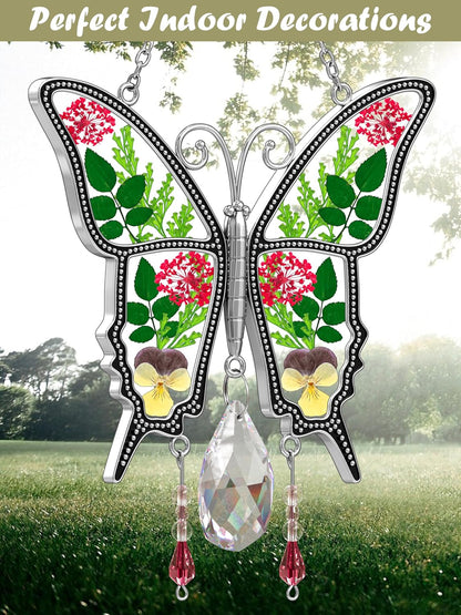 KY&BOSAM Butterfly Suncatcher for Windows Stained Glass Crystal Wind Chimes with Metal Charms Colorful Rainbow Prisms Garden Decor for Mom/Grandma, Christmas Wedding Gifts 8" Hanging Ornaments
