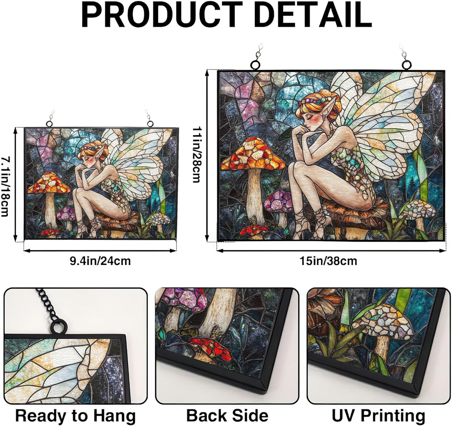 Customized Rectangle Boho Fairy On Mushroom Stained Glass Window Hanging, Stained Glass Suncatcher for Women, Window Decor Perfect Home Décor