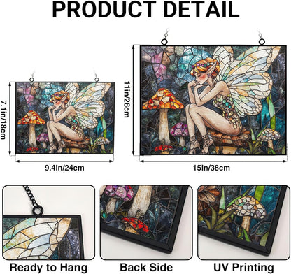 Customized Rectangle Boho Fairy On Mushroom Stained Glass Window Hanging, Stained Glass Suncatcher for Women, Window Decor Perfect Home Décor