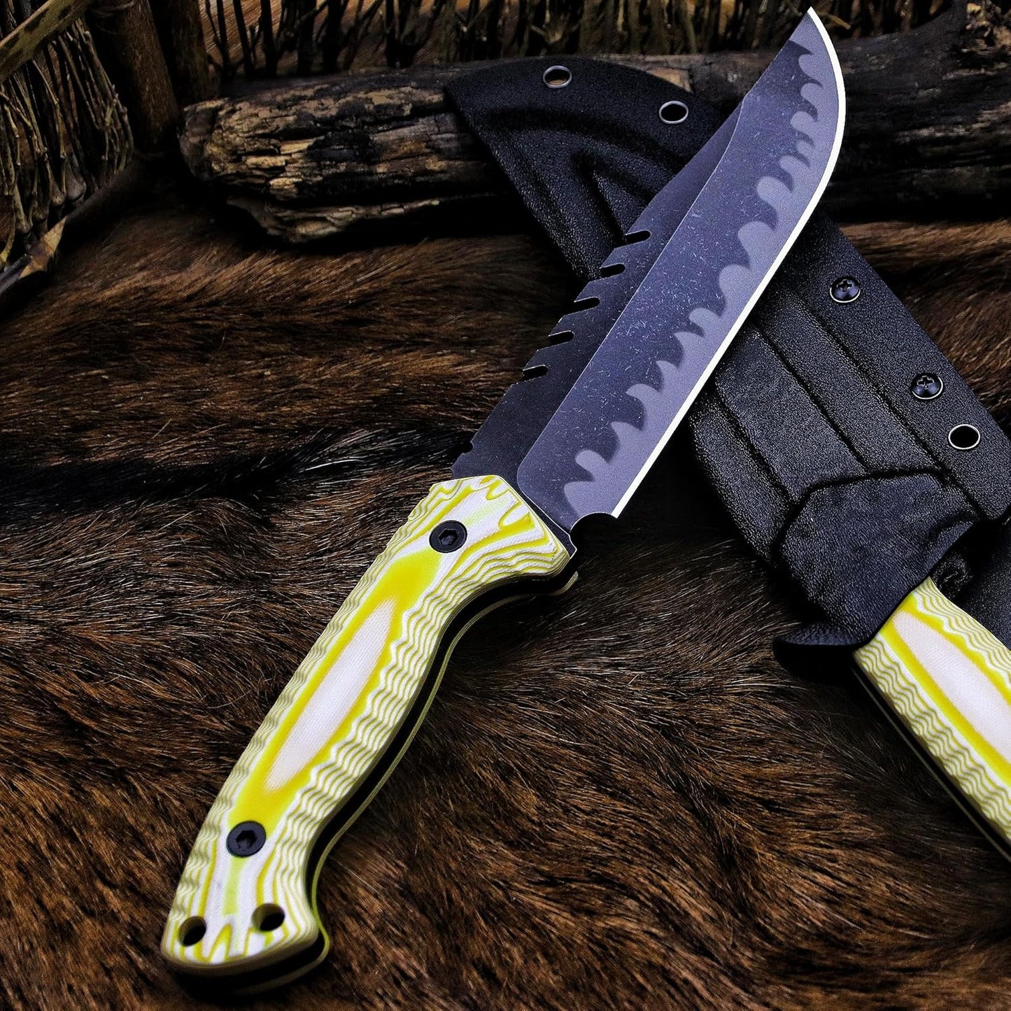 BA-KOR 12.4in Full Tang Fixed Blade Hunting Knife – 6mm 9CR18MoV Steel, G10 Handle, Stonewashed Sawback Blade with Kydex Sheath & Fire Starter for Outdoor, Camping, Survival (White and yellow stripes)
