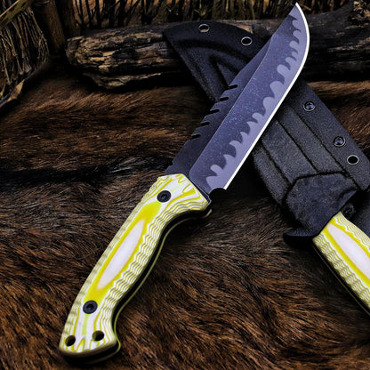 BA-KOR 12.4in Full Tang Fixed Blade Hunting Knife – 6mm 9CR18MoV Steel, G10 Handle, Stonewashed Sawback Blade with Kydex Sheath & Fire Starter for Outdoor, Camping, Survival (White and yellow stripes)