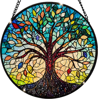 Tree of Life Stained Glass Sun Catcher - Handcrafted 7.87 Inch, Blue Sun Catcher Decoration, Stained Glass Window Hanging, Outdoor Garden Decor Gift, Gift for Friends, Family, Coworkers, Classmates