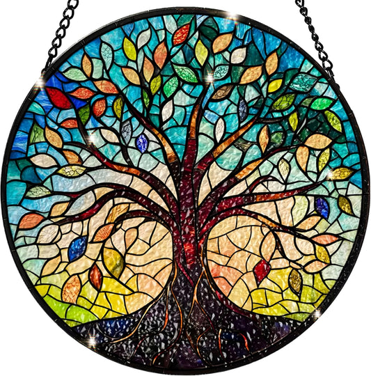 Tree of Life Stained Glass Sun Catcher - Handcrafted 7.87 Inch, Blue Sun Catcher Decoration, Stained Glass Window Hanging, Outdoor Garden Decor Gift, Gift for Friends, Family, Coworkers, Classmates