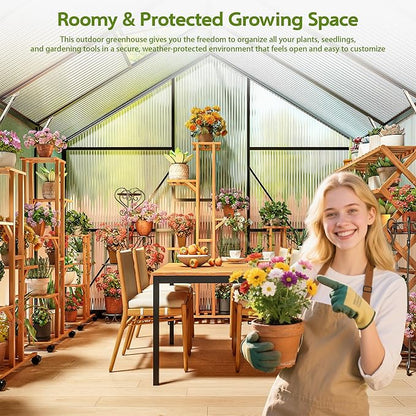 Wanan 12x8FT Greenhouses for Outdoors, Quick Assembly Polycarbonate Green House with UV Protection, Heavy Duty Windproof Aluminum Frame, Adjustable Roof Vent for Backyard or Outdoor Garden Use