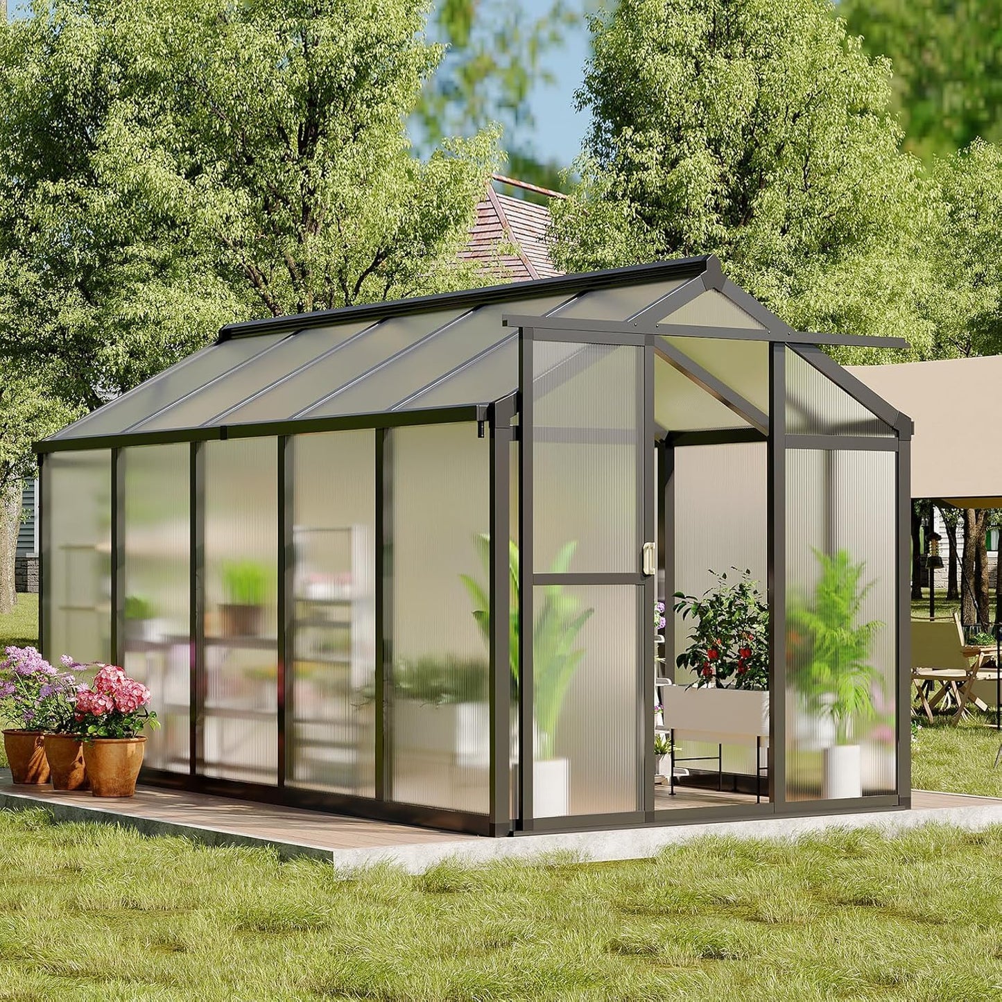 6 x 10 ft Greenhouse, Greenhouses for Outside, Polycarbonate Greenhouse with Aluminum Frame, Lockable Door and Ajustable Roof Vent for Backyard, Green Houses for Outside Garden Backyard, Patio