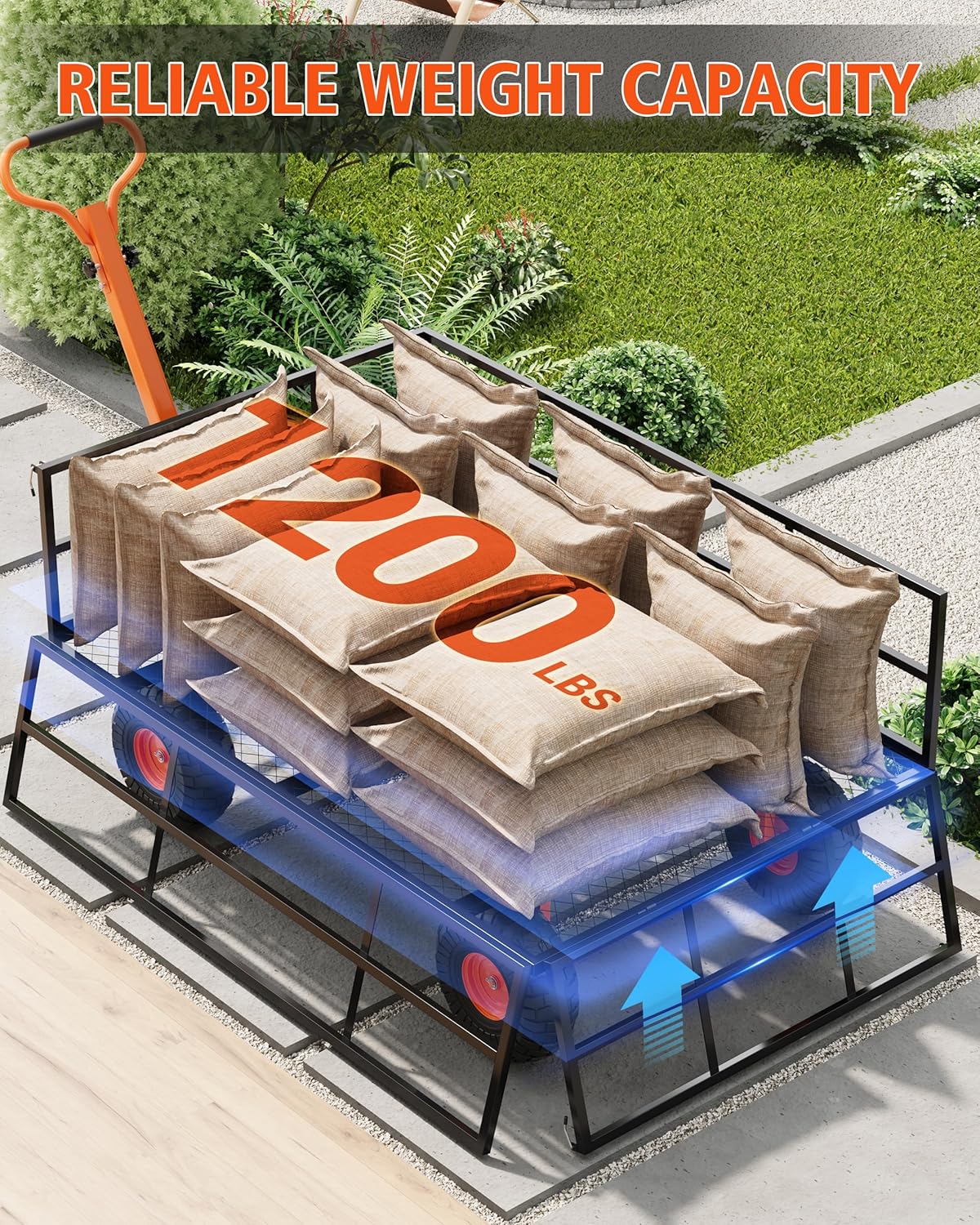 Versatile Garden Cart for Lawn and Yard with Heavy Duty Steel, 1200 Lbs Capacity Mesh Steel Garden Cart Folding Utility Wagon with Removable Side Panels, Long Handle, 10" Tires - Black and Orange