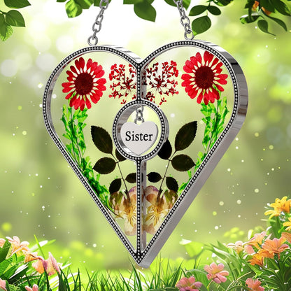 KY&BOSAM Heart Suncatcher for Windsows Hangings Sister Gifts Stained Glass Wind Chime with Pressed Real Flower in Glass with Metal Sister Heart Charm Birthday Gift for Women Mothers Day Christmas