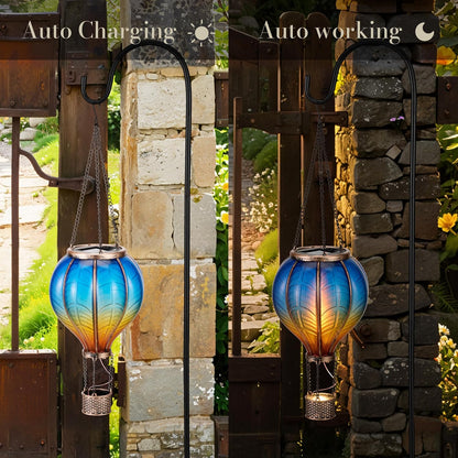 TERESA'S COLLECTIONS 2 Pack Hanging Solar Lantern Outdoor Garden Decor for Valentine,Waterproof Plastic Hot Air Balloon Blue Flickering Flame Effect Lantern for Yard Tree,Gift for Mom,18"