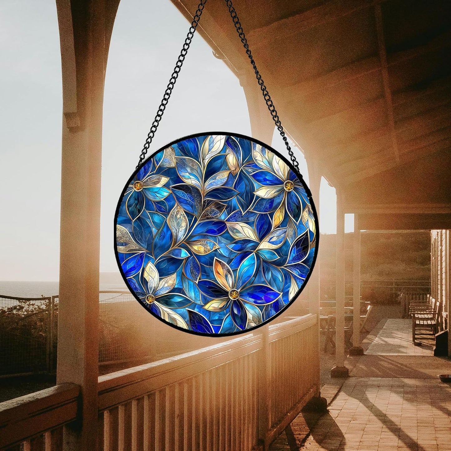 Stained Glass Window Hanging - Blue Gold Abstract Flowers Suncatcher for Door Terrace Garden Home Decor, Plant Sun Catcher Birthday Gifts for Lovers Women Men Dad Mom Nana 9.8 in