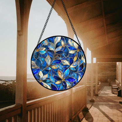 Stained Glass Window Hanging - Blue Gold Abstract Flowers Suncatcher for Door Terrace Garden Home Decor, Plant Sun Catcher Birthday Gifts for Lovers Women Men Dad Mom Nana 9.8 in