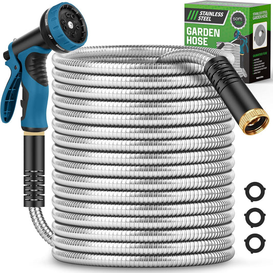 Garden Hose 50FT, Water Hose with 10 Function Nozzle, Garden Hose Metal with Leak-proof Connectors, No-Kink, Lightweight, Puncture-proof, Pet-proof, Sturdy, 550PSI, Hose for Outdoor, Yard
