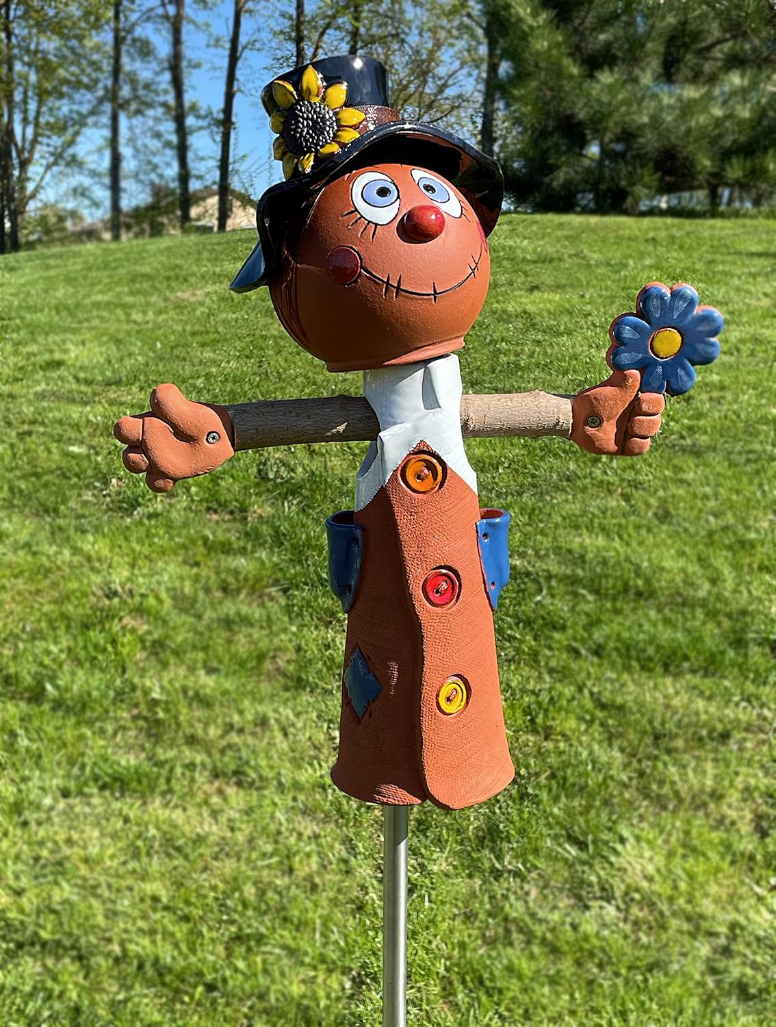 Ceramic Garden Decor - Scarecrow Lawn stake - Outdoor statue - Perfect, unique gifts for gardeners woman, men, yard gifts - Handmade, Frostproof
