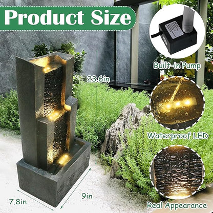 3-Tiers Outdoor Rock Water Fountain with LED Light, Standing Cascading Water Feature, Faux Stone Waterfalls Fountain Decor for Garden Patio Yard Lawn and Deck (Grey)